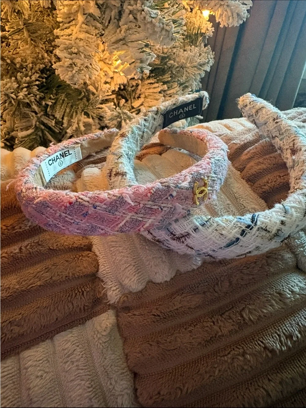 FASHION Set of 2  White  and Pink Tweed Padded Headband with Gold Accent